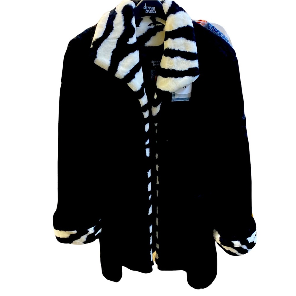 DENNIS BASSO black white zebra faux fur coat